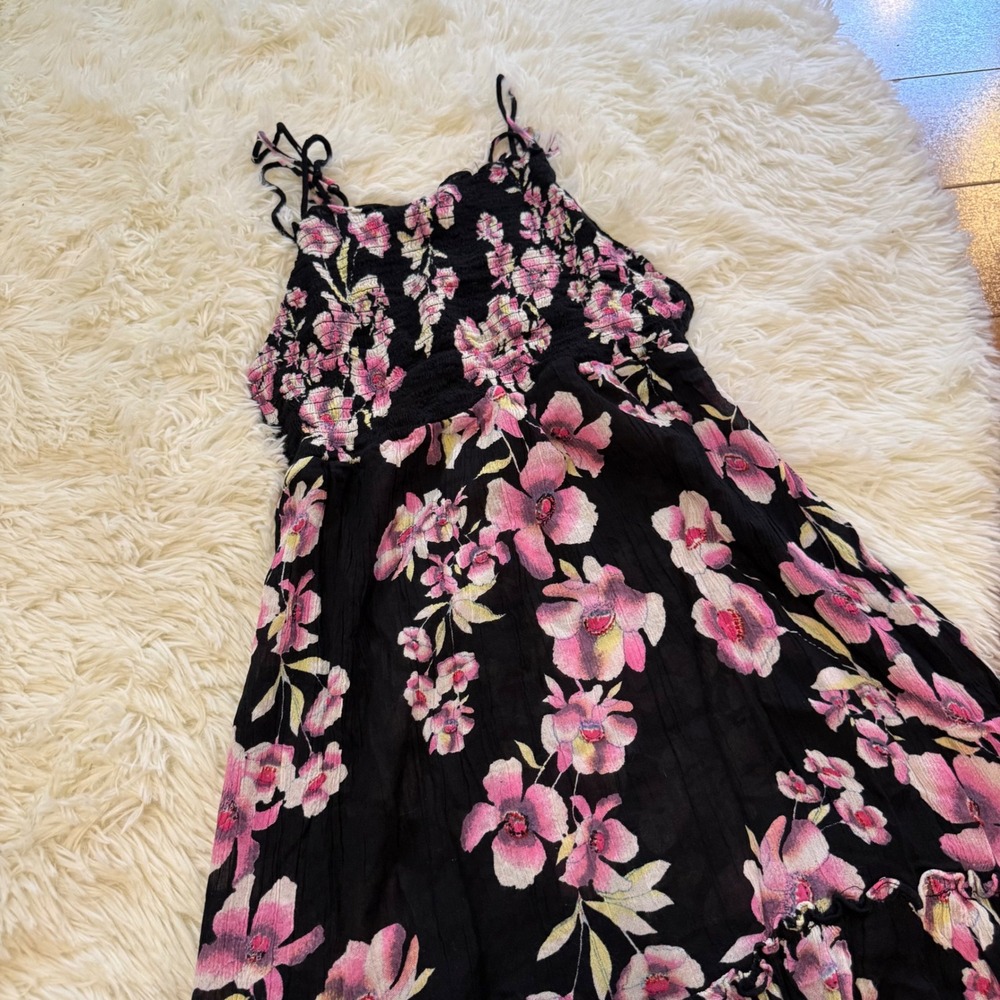Free People Intimately Floral Smocked Maxi Dress Black Pink Boho Womens Small - Picture 2 of 4